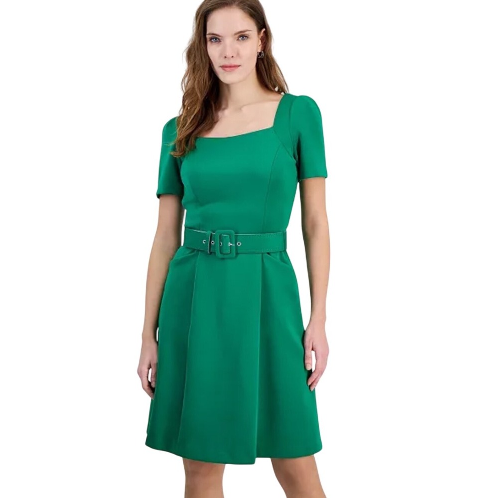 Donna Ricco Belted Fit & Flare Dress Women 12 NWT Grass Green Square Neck